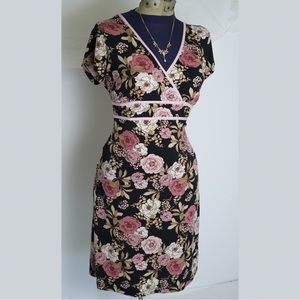 Pink and Black Vintage Floral V Neck Flattering Summer midi Dress